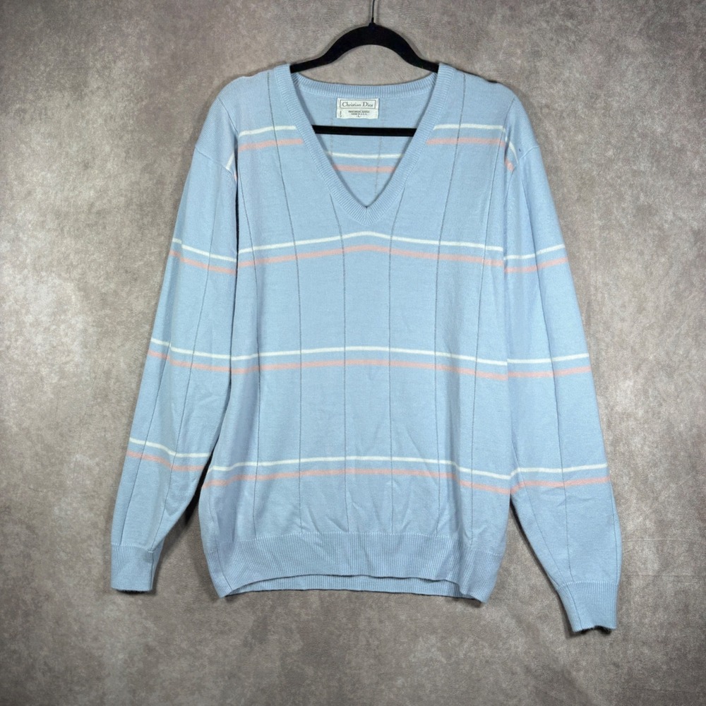 Vintage Christian Dior Sweater Mens Large Blue Monsieur V-Neck Striped Orlon USA